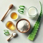 DALL·E 2024-11-04 09.05.29 - A clean and bright flat-lay image of natural skincare ingredients for a DIY mask_ rice flour, honey, milk, and aloe vera gel arranged on a white surfa