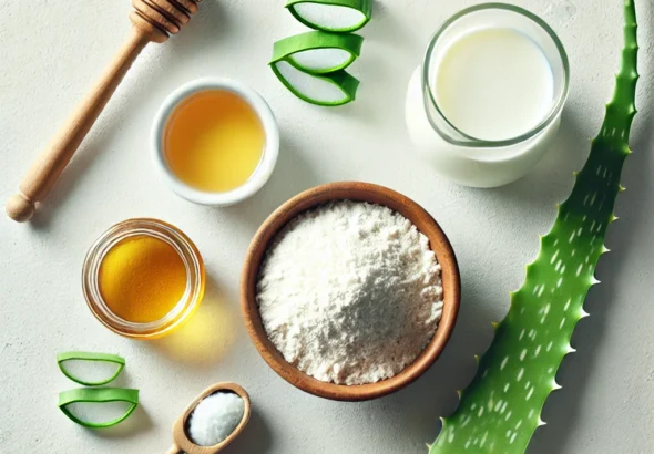 DALL·E 2024-11-04 09.05.29 - A clean and bright flat-lay image of natural skincare ingredients for a DIY mask_ rice flour, honey, milk, and aloe vera gel arranged on a white surfa