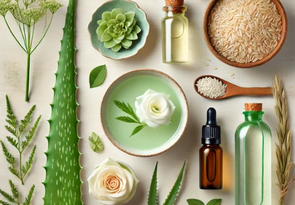 DALL·E 2024-11-04 09.51.51 - An aesthetic flat lay image showcasing natural skincare ingredients. Include a fresh aloe vera leaf, a small bowl of aloe vera gel, a bottle of rose w